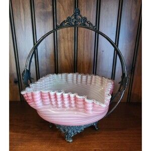 Victorian Silverplate Brides Basket w/ Pink Ruffled Glass Cased Glass Bowl 11"